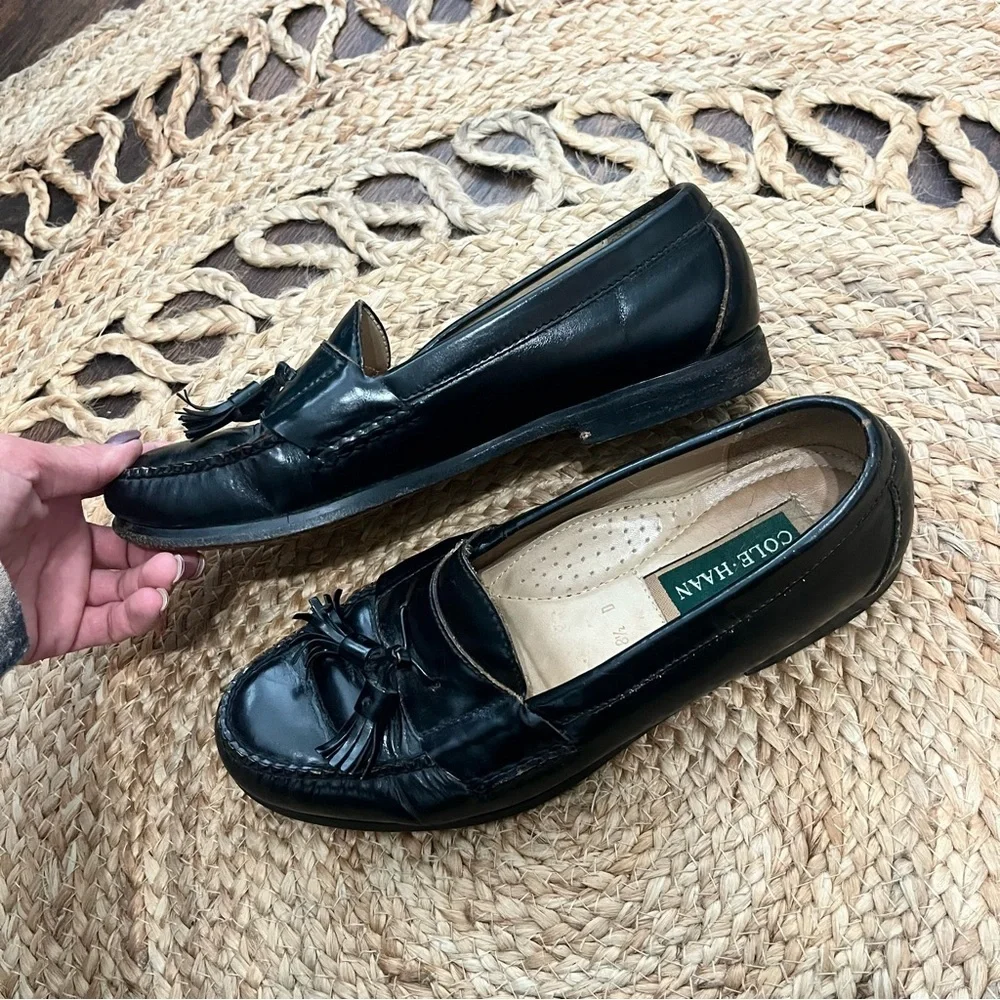 Cole Haan Men Sz 8.5 Tassel Black Leather Loafer Moc Slip On Shoes Leather Sole